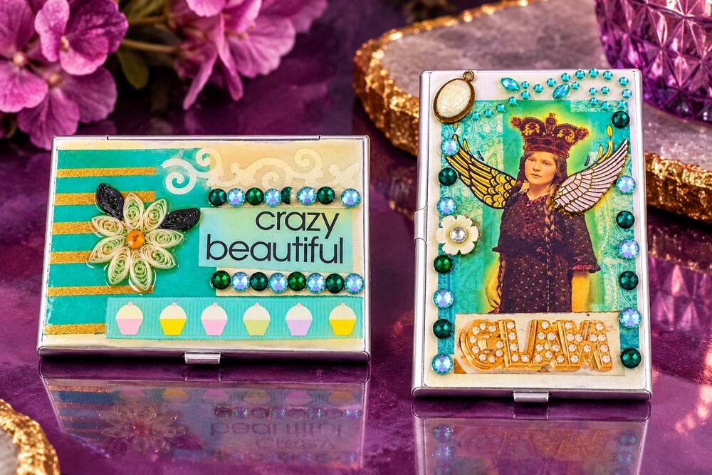 Handmade Crazy Beautiful Business Card Holder Altered Art Rhinestone Angel Fairy